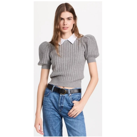Alice + Olivia Chase Removable Collar Cable Knit Puff Sleeve Sweater - Picture 1 of 10